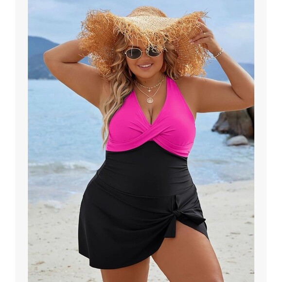Women's Plus Size Swim Dress Tummy Control Swimsuit pink  size XXL Criss Cross - Picture 1 of 15